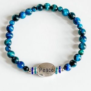 “PEACE” Aquamarine tigers eye stone bead elastic bracelet